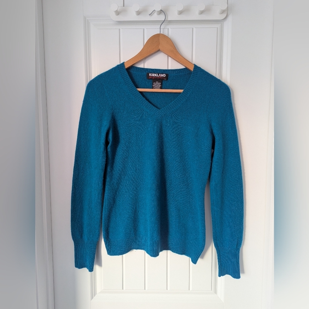 Cashmere V-Neck Sweater Teal Blue Green Size Small